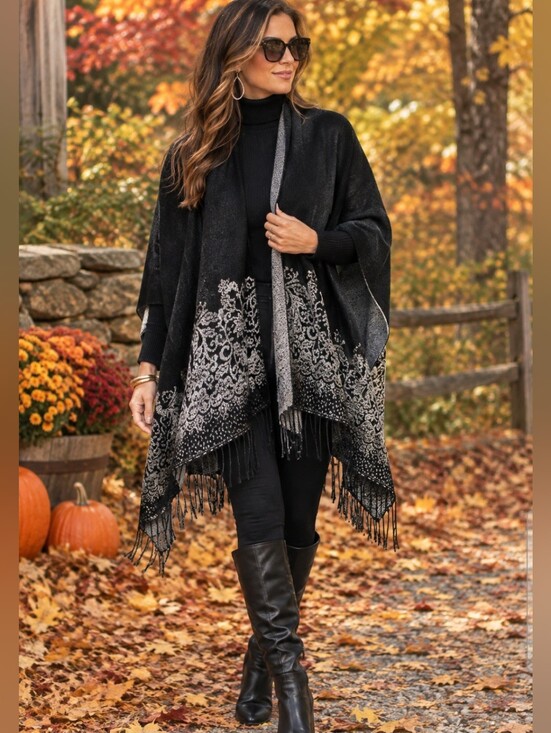 Jackets & Blazers - Black Grey Versatile Floral-Trim Open Shawl Poncho Cape with Boho Hippie Fringe